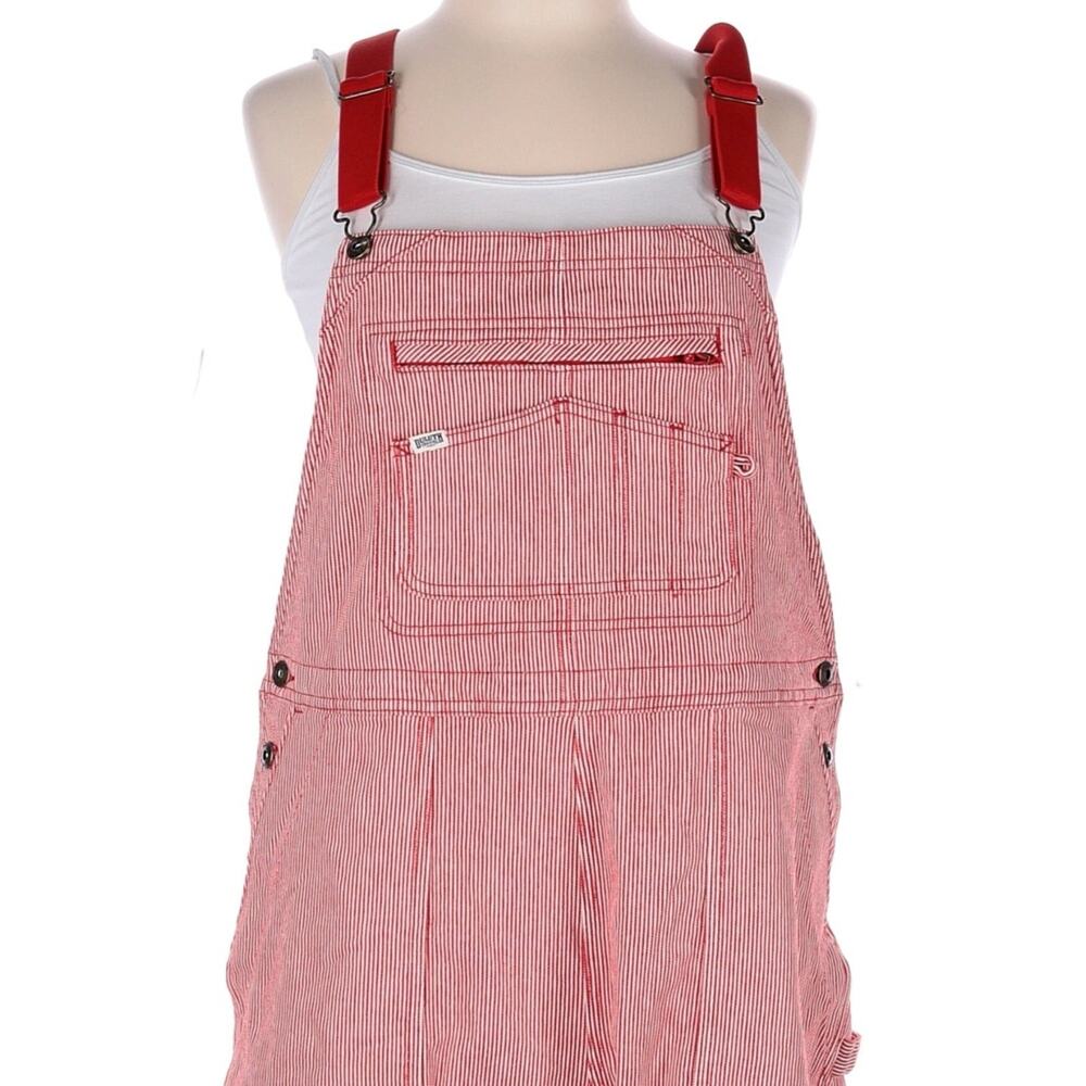 Duluth Trading Women’s L Red White Hickory Stripe Railroad Overalls Workwear Bib - Picture 5 of 10